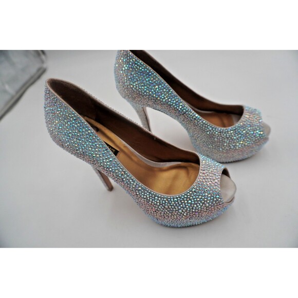 Benjamin Adams London Miami Silver Jewel Encrusted Peep Toe Platform Pumps S 6.5 - Picture 9 of 13